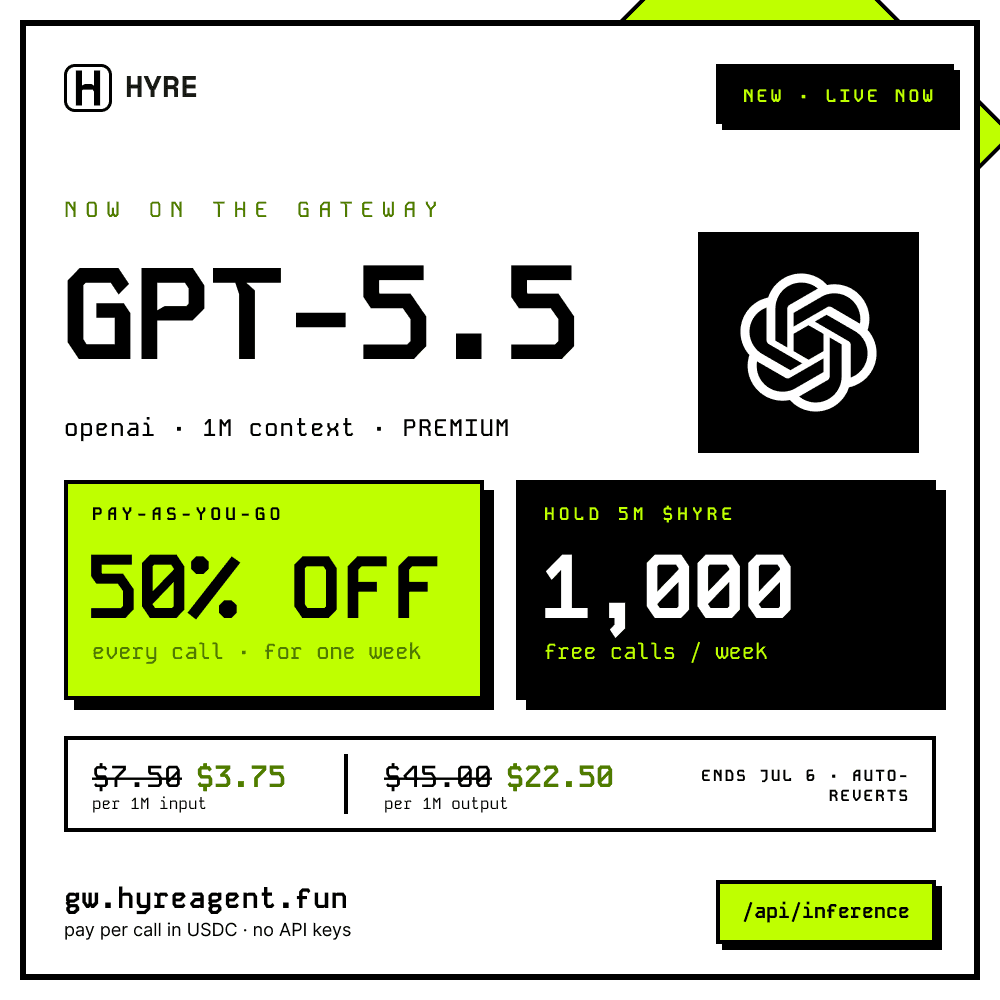 GPT-5.5 free week — hold 5M $HYRE, 1,000 free calls/week, 50% off retail, ends Jul 6